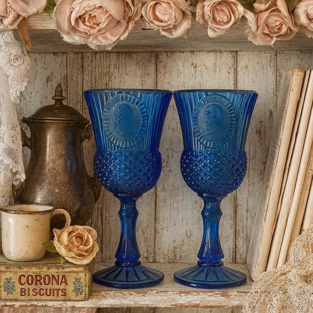 Vintage Cobalt Blue Glass Goblets | Cameo Design | Set of 2